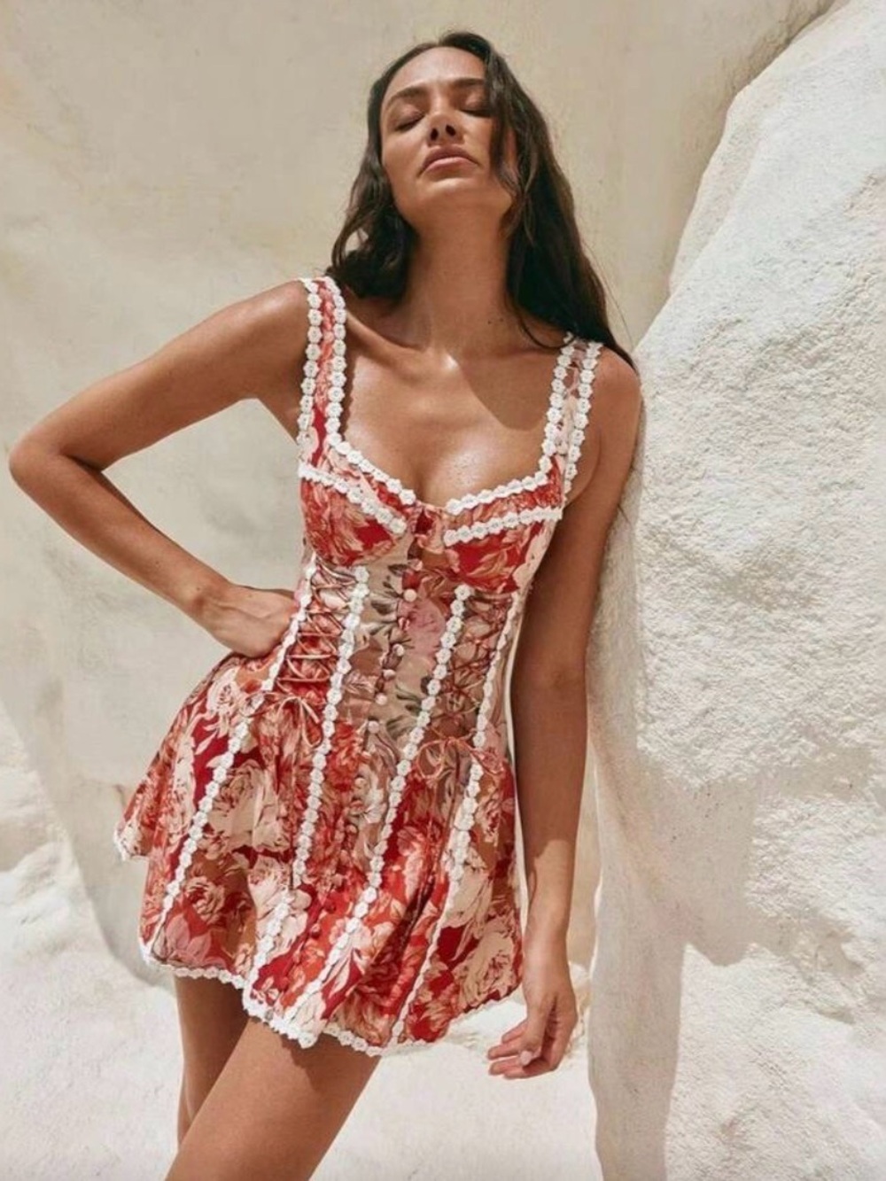 SHEIN Red Floral Lace-Up Mini Dress with White Trim
